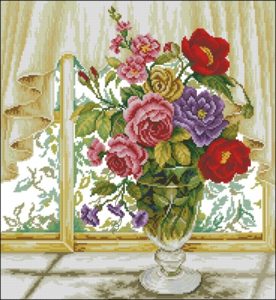 Картина вышитые розы в вазе