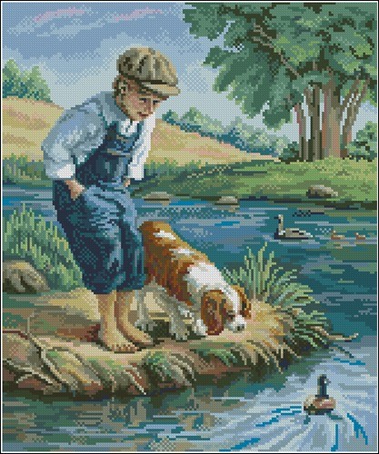 Мальчик с собакой у речки