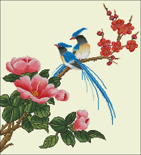 Экзотические птицы на ветке с цветами 2
