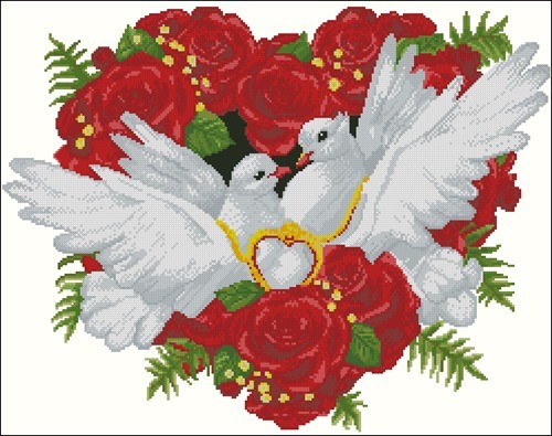 Свадебная открытка с голубями и кольцами