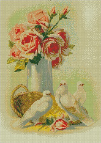 Голуби возле вазы с розами