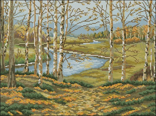 Осенний пейзаж с березками и речкой