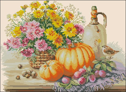 Кухонный натюрморт с тыквами и цветами