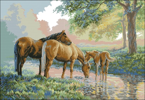 Horses by a stream